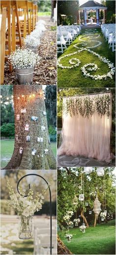 wedding decorations and flowers are arranged on the grass in different stages of being made into an outdoor ceremony