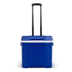 a blue cooler with wheels and handle on the bottom is shown against a white background