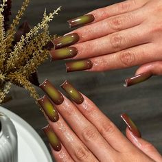 ଳ ‧₊˚ please message for photo credit or removal ! ꩜ ₊˚.༄ Earth Nails Acrylic, Earth Themed Nails, Earthy Girl Nails Acrylic, Brown And Pink Aura Nails, Brown Earthy Nails, Airbrush Fall Nails, Hippie Acrylic Nail Designs, Dark Green And Brown Nails