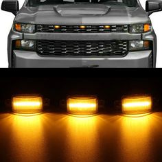 the front and side view of a truck with its lights turned on, and an image of