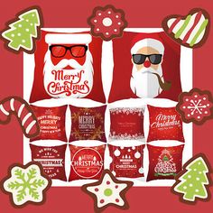 a christmas card with santa claus and other holiday treats on it's red background