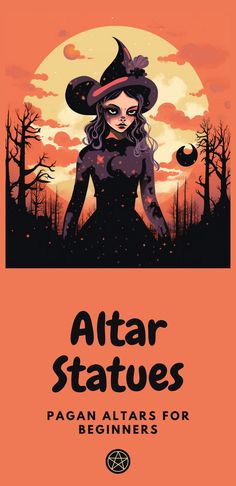 the cover for altar statues, featuring an image of a woman in a witches costume