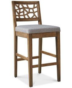 a wooden chair with a gray seat and back cushion on the side, against a white background