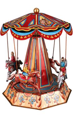 a merry go round carousel with horses and people riding on the top, isolated against a white background