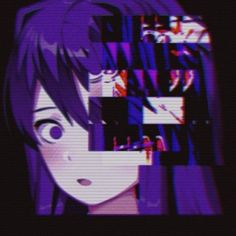 an anime character with purple hair and eyes looking at something in front of her face