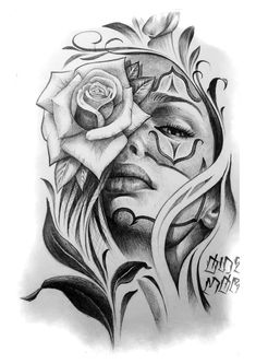 a drawing of a woman's face with roses and leaves on her head,