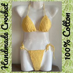 Crochet size medium bikini top with thong bottom. Made with 100% cotton yarn that is made in Canada. Handmade Cotton Swimwear For Beach Season, Handmade Cotton Triangle Top Swimwear, Cotton Fitted Swimwear For Beach, Yellow Fitted Cotton Swimwear, Cotton Triangle Top Swimwear For Festivals, Yellow Cotton Swimwear For Beach, Crochet Size, Sunshine Yellow, Cotton Crochet