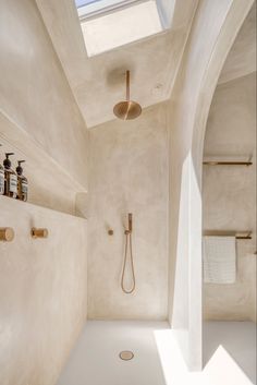 a bathroom with a skylight above the shower and two hand held faucets