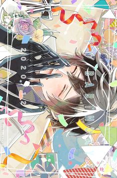 an anime character with long black hair and glasses, surrounded by confetti and streamers