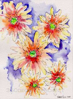 watercolor painting of three yellow and red flowers on a purple background with green centers