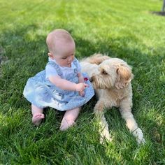 a baby sitting next to a dog in the grass