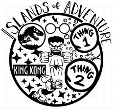 the logo for islands of adventure, king kong and twp 2 in black and white