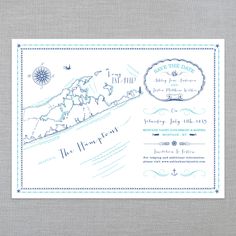 a blue and white wedding card with a map on it