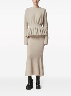 Find ALTUZARRA Vido Peplum-waist Jumper on Editorialist. light beige wool-cashmere blend knitted construction crew neck long sleeves peplum waist flared hem Fitted Long Sleeve Neutral Sweater, Elegant Fitted Neutral Sweater, Elegant Fitted Beige Sweater, Fitted Neutral Sweater For Work, Elegant Long Sleeve Neutral Sweater, Fitted Beige Wool Sweater, Fw23 Runway, Maxi Styles, Peplum Hem