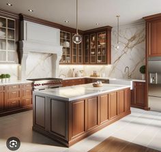 a large kitchen with marble counter tops and wooden cabinets