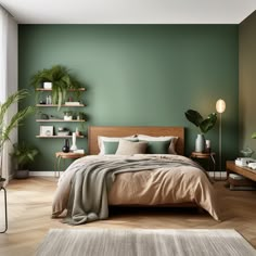 a bedroom with green walls and wooden flooring is pictured in this image, there are plants on the shelves above the bed