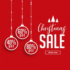 christmas sale banner with three ornaments hanging from strings