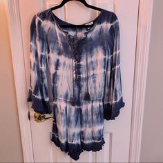 Blue Tie-Dye Never Worn! Blue Bohemian Jumpsuits And Rompers For Spring, Blue Bohemian Jumpsuit For Spring, Blue Long Sleeve Jumpsuits And Rompers For Vacation, Blue Long Sleeve Jumpsuits And Rompers For Beach, Blue Long Sleeve Jumpsuit For Vacation, Blue Tie, Blue Ties, Blue Tie Dye, White Blue