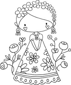 a girl in a dress with flowers and hearts on her head is standing next to a flower