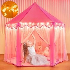 The Princess Castle Tent is designed to realize the girl's princess dream, the pink tent with decorative star lights will give your girl a wonderful princess imagination and experience. This princess tent for girls measures 48 X 52 inches, provides a mini space for your kids to read books, play games, even have a rest inside. The fairy indoor playhouse has a hexagonal design that makes the entire tent structure more stable and keeps your girls safe while playing. This play tent for toddlers is t Fairy Playhouse, Girls Play Tent, Pink Playhouse, Princess Playhouse, Girls Tent, Playhouse Tent, Toddler Tent, Toddler Playhouse, Pink Tent