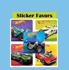 sticker favors for hot wheels and other toys are shown in this image with the words,