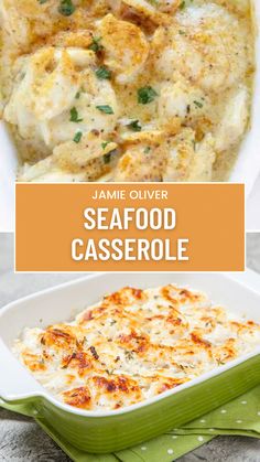 the seafood casserole is served in a white dish and topped with parmesan cheese