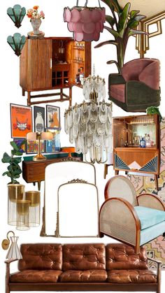 a collage of furniture and decor in shades of brown, pink, blue, green