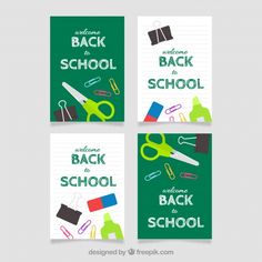 three back to school banners with scissors and other items