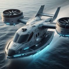 a futuristic flying vehicle floating on top of the ocean