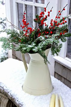 three pictures of red berries and evergreen branches in a white pitcher on snow covered porch