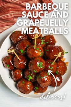 barbecue sauce and grape jelly meatballs on a white plate with the title above it