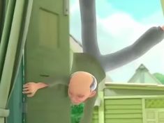 an animated image of a man hanging upside down from the side of a green building