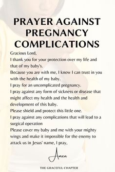 a woman in white shirt and yellow jacket with text overlaying prayer against pregnancy complaints