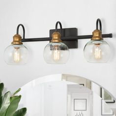 three light bathroom fixture with clear glass globes and brass fittings on the wall