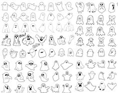 a large collection of halloween ghost stickers on a white background with black outlines