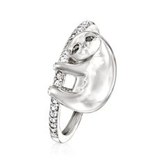 Ross-Simons - .13ct t. w. Black, White Diamond Sloth Ring in Silver. Size 6. A happy little sloth is lounging on a pretty sterling silver band sparked with .12 ct. t. w. diamonds for a touch of dazzle. This charming design would be an adorable addition to your collection! Black diamond-accented eyes. 3/8" wide. Diamond sloth ring. Diamond birthstones are the perfect gift for April birthdays. Sloth Ring, April Birthday, Diamond Birthstone, Jewelry Essentials, Women Men Shoes, Ring Diamond, Sterling Silver Bands, Silver Band, Sloth