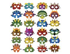 a bunch of masks with different colors on them