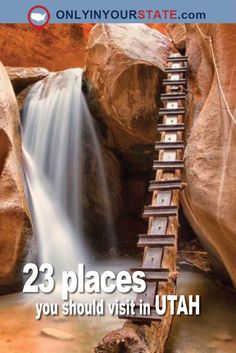 there is a wooden ladder going up the side of a waterfall