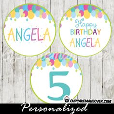 three birthday cupcake toppers with the number five on them, and an image of balloons