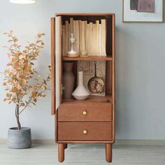 a wooden bookcase with books and vases on top of it next to a potted plant