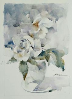 a watercolor painting of white roses in a vase on a table with grey background