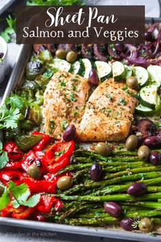 sheet pan salmon and veggies with olives, tomatoes, asparagus