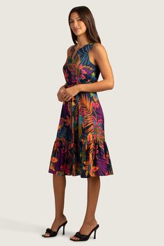 With a flattering silhouette and chic pattern, this feminine dress is a stunning addition to your transitional, summer-to-fall wardrobe. Featuring a notched V-neckline and an A-line silhouette, this flowy, patterned dress is the perfect pick for your next getaway. Notched, V neckline Sleeveless A-line Adjustable and removable sash tie belt Wide tiered hem Runs true to size Model is 5'10", wearing size S See Women's Size Guide FABRIC: Jardin Secret Drapey Twill 100% Rayon Hand wash cold or dry cl Belt Wide, Chic Pattern, Patterned Dress, Feminine Dress, Pretty Patterns, V Neckline, Trina Turk, Fall Wardrobe, Tie Belt