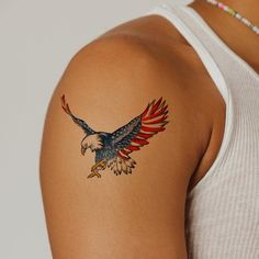 American Flag Eagle Temporary Tattoo 3.5 in x 4 in Usa Eagle Tattoo, Usa Tattoo Ideas Men, Simple American Flag Tattoo, Eagle And American Flag Tattoo, Eagle Scout Tattoo, Tattoo Ideas For Hand, Patriotic Tattoos For Women, American Flag Tattoos For Women