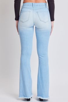 Retro is back and we’re all about it! Bring some flirt and flair to any look with our Women's High-Rise Flare Jean With Frayed Hem-Long Inseam. This fit features 2 additional inches in length for all of our tall babes to rock! These flares are made from smooth and soft denim so it fits and flatters your every curve. Pair them with sneakers for a casual vibe, or dress up with strappy heels or booties! Product Details - High-Rise - 1-Button Closure with Zipper - 5 Pocket Construction - Frayed Hem Size & Fit (based on size 5) - Inseam: 34" - Rise: 10" - Leg Opening: 21"Model is wearing a size 3 Machine wash cold. Tumble dry low. 75% Cotton/ 23% Polyester/ 1% Rayon/ 1% Spandex (Colors: M933, S933, W105, W37, L933) 98% Cotton/ 2% Spandex (Color: K105) Super Flare Jeans, Ymi Jeans, L And Light, Women Essentials, Black 7, Strappy Heels, Medium Blue, Flare Jeans, High Rise