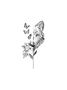 a black and white drawing of a wolf with butterflies flying around it's head