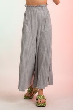 -High Waisted Rib Wide Leg Pants with Pockets-Frilled Elastic Waistband-Wide Leg Palazzo Cut-Front Pockets-Capri-Length-High-Waist95% Polyester 5% Spandex(Model height: 5'9", wearing a Small) Pants With Pockets, Model Height, No Frills, Leg Pants, New Product, Wide Leg Pants, Heather Grey, Wide Leg, High Waisted