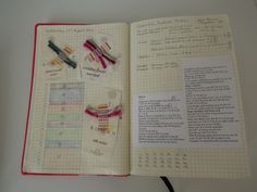 an open notebook with some crochet hooks and thread on the pages, along with instructions for knitting