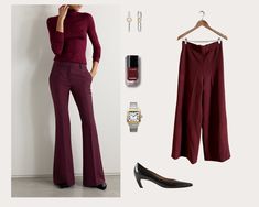 Vintage Wool Burgundy Maroon Merlot Wine High Rise Wide Leg Trousers  Wool Fully lined Looks professionally tailored - really well made/tailored Flat front, back zipper/two hooks at the top to close in the middle back  Long Rise!  Super flattering cut, fully lined - no tags.  In the au courant trend - of maroon/merlot More a maroon brown  - see colour swatch  Well made  Great drape/shape - wide leg  30" waist with a super high-rise Measurements Flat:  W 15" or waist is 30" Rise 14.2" Hip ~ 19.5" Burgundy Trousers, Merlot Wine, Wine Red Color, Wool Trousers, Color Swatches, Merlot, Vintage Wool, Wide Leg Trousers, Trousers Women