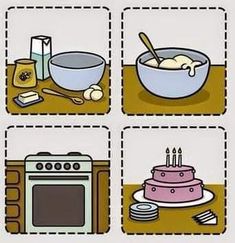 the four pictures show different foods and cooking utensils